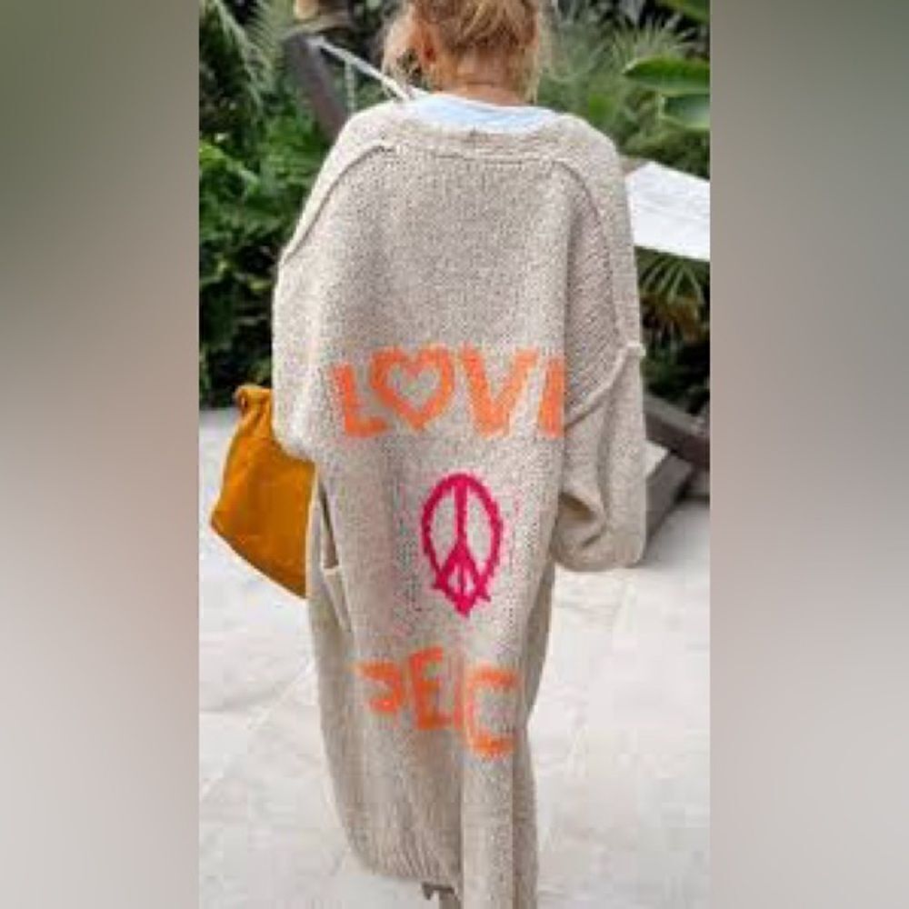 Womens Y2K long knit cardigan with back love peace logo